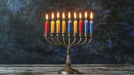 Fototapeta premium beautifully lit menorah with colorful candles, symbolizing celebration of Hanukkah, radiates warmth and joy in serene setting