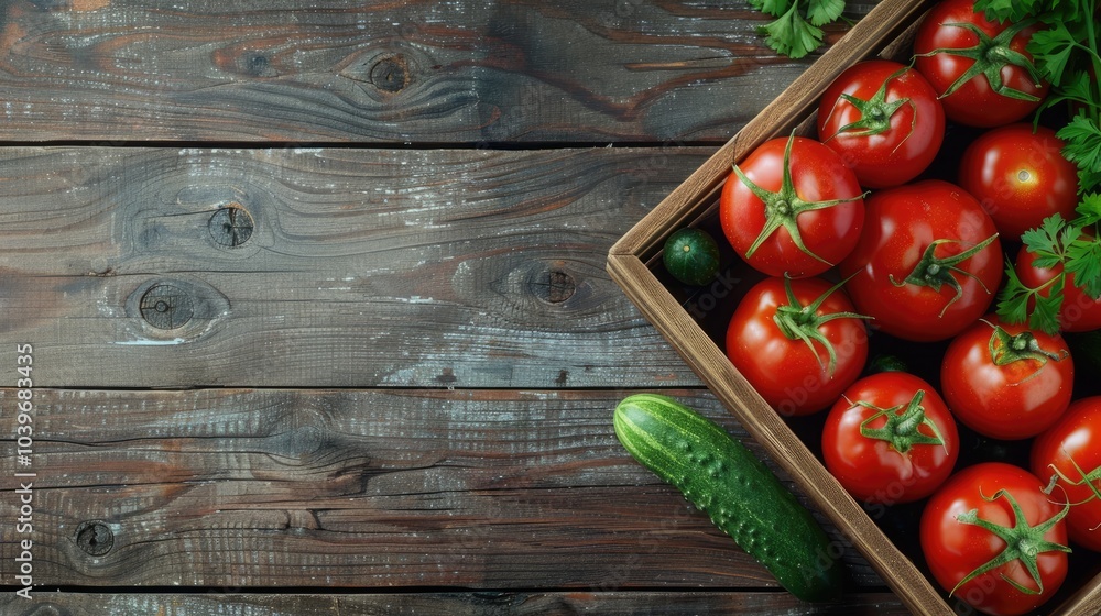 Poster various fresh vegetables in box on wooden table tomato and cucumber top view flat lay with copy spac