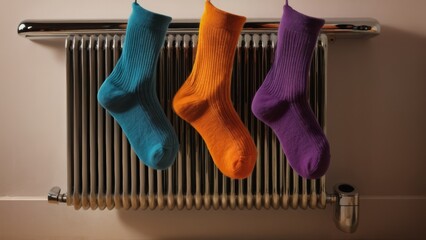Socks dry on the radiator. House in the cold season