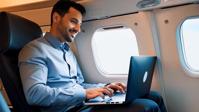 Businessman working on laptop in business jet