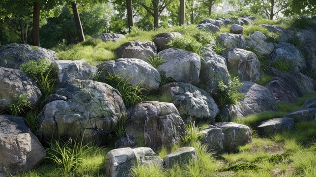 Natural boulders are used as retaining walls of ground banks that have been embanked Other slopes are planted with grass to prevent erosion caused by rain