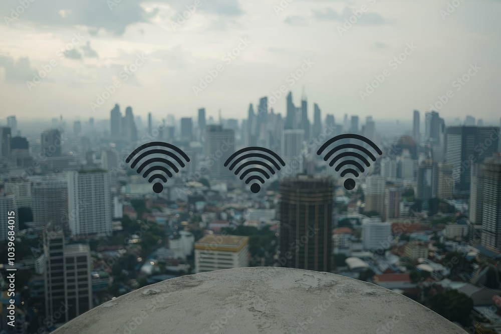 Poster a blue high-tech tone of cityscape and a wifi sign connect together in a line