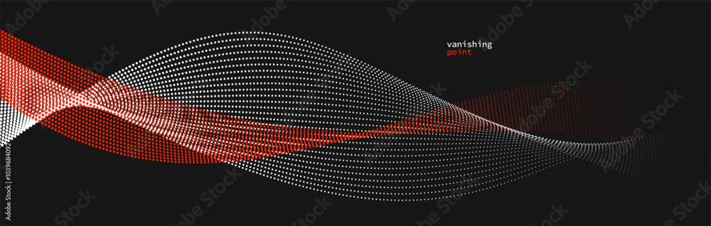 Poster abstract background vector illustration, red and black dots in motion by curve lines, particles flow