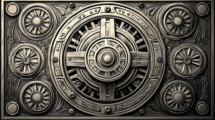 Obraz premium A symmetrical steampunk mandala with intricate metallic gears and cogs woven into the design. The bronze and copper palette adds an industrial touch,