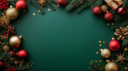 Christmas Green Background with Red and Gold Ornaments Pine Branches and Gift Box