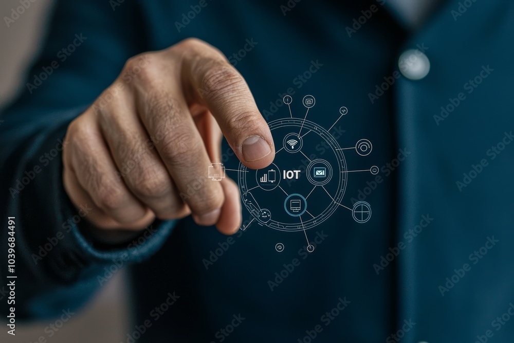 Fototapete Man presses the iot gear wifi button on a virtual touch screen in an Internet Of Things Smart City concept.