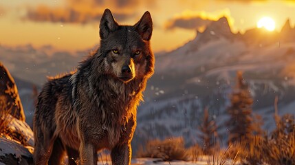 A grey wolf in the Rocky Mountains at sunset