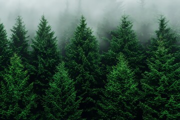 Fototapeta premium Vintage hipster retro landscape with fir forest in the mist