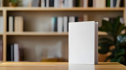 blank white book mockup stands on wooden table, with blurred bookshelf and plant in background. Perfect for books mockups, education, or publishing themes mockup