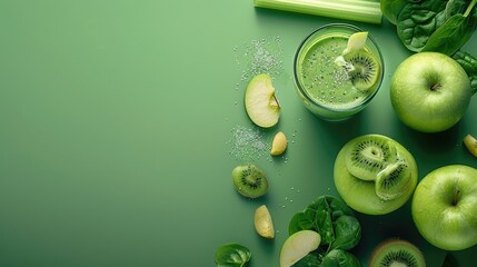 Green smoothie with kiwi apples celery spinach a healthy natural foods dish copy space for text