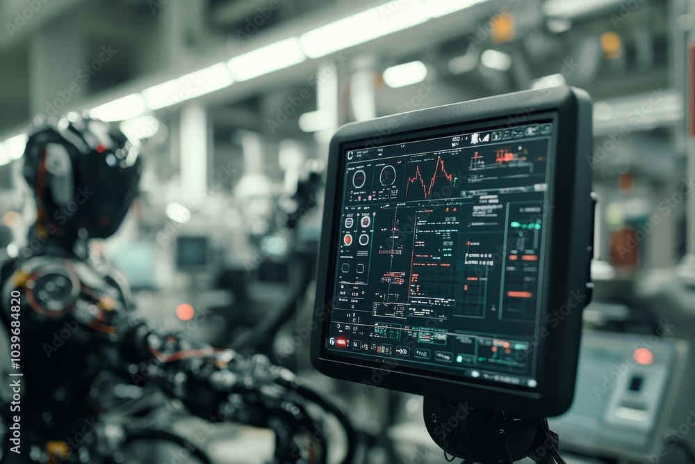 Fototapete Intelligent factory 4.0 concept. Robotic arms used with augmented mixed reality technology in order to display data with stock user interfaces (UIs) while in operation.