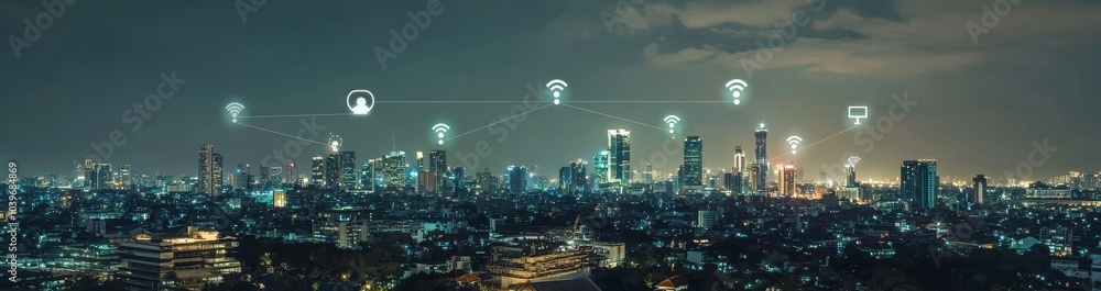 Aufkleber skyline view from above with smart services, icons, the internet of things, networks and augmented r