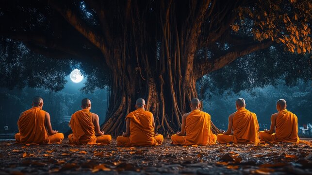 A group of monks in vibrant saffron robes chanting in unison under the Bodhi tree
