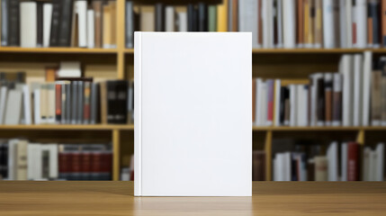 blank white book mockup stands on wooden table, with bookshelf full of books in background. Ideal for educational, publishing, or mockup concepts. Book mockup