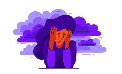 Young woman feeling stressed and uncomfortable, vector illustration of a person having mental disorder panic and anxiety, psychological problems.