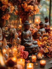 An altar adorned with candles and statues of Buddha, Bodhi Day celebration