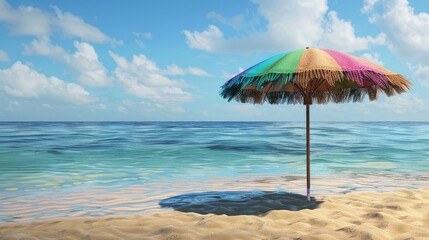 A vibrant multicolored straw beach umbrella providing shade on a serene sandy beach by the ocean Clear blue skies and calm waters create a peaceful atmosphere