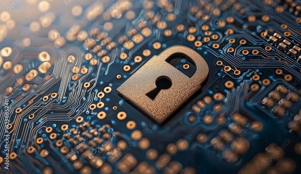 Poster The digital lock icon and the city background represent the idea of data security