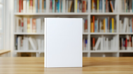 blank white book mockup stands on wooden table, with colorful bookshelf in  background. Ideal for education, publishing, or product mockups. Book mockup