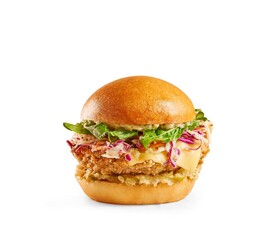 Hamburger and cheeseburger with sauce and green salads isolated white background