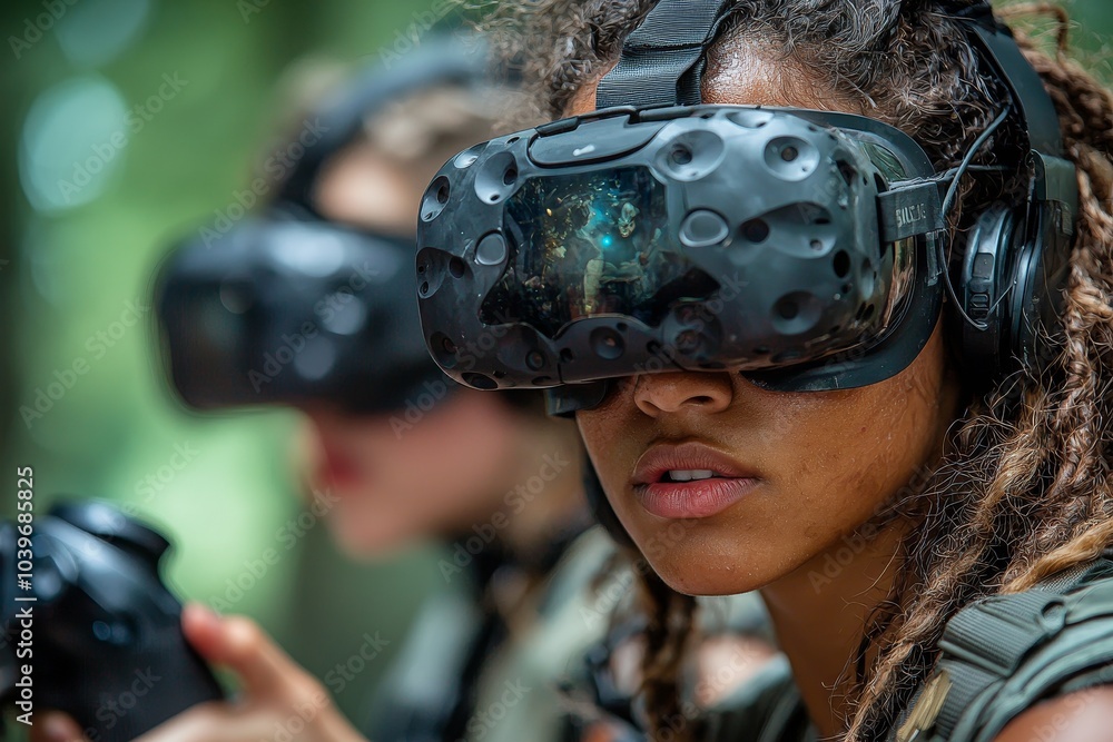 Poster A virtual reality headset and gamepad are used by a man and woman in a dark room in which they are playing a virtual reality game