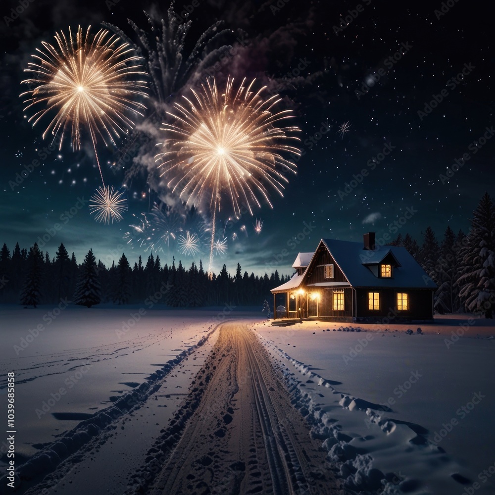 Poster a cozy cabin with a warm light glowing from the windows sits on a snowy field under a starry sky wit