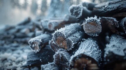 Frost Covered Wood Debris in Winter Morning