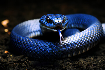 Fototapeta premium A close-up image of a blue snake with a forked tongue out, set against a dark background.