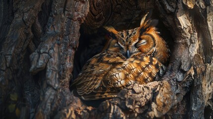 Owl sleeping in a big tree well hide thanks to its good camouflage