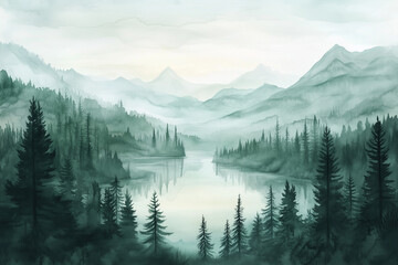 Abstract watercolor painting of a misty pine forest surrounding a calm lake, with distant mountains fading into the background. Soft green tones and layered trees, peaceful and atmospheric landscape