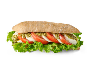Sandwich isolated on the white table, cheese, lettuce, various vegetables.