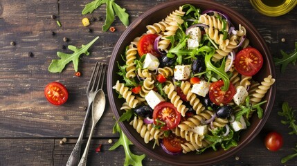 Italian cold pasta salad or Pasta fredda alla caprese Directly above Fusilli tomato mozzarella olive arugula Turkish name burgu makarna salatasi