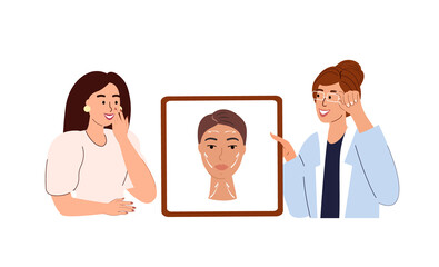 Plastic surgery of the face transformation.A doctor consulting,shows facelift and rejuvenation cosmetic facelift result,cheek,neck contour.Preparation for plastic surgery.Flat Vector Illustration