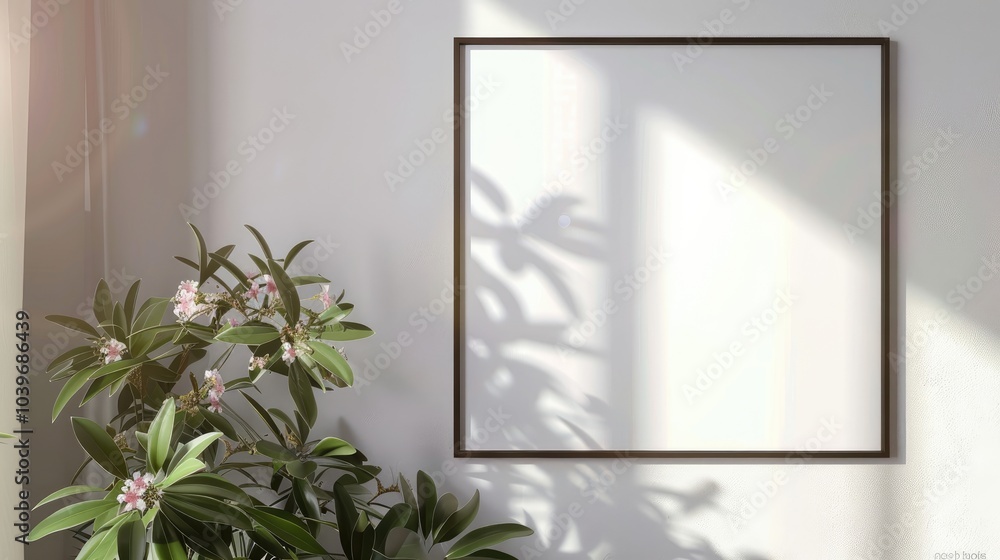 Aufkleber Horizontal picture frame mockup on white wall with flowers blank frame with copy space