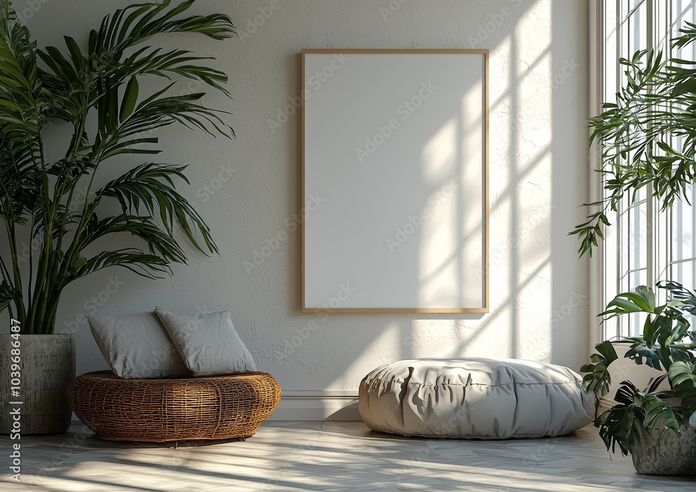 Poster An isolated white poster is hung by strings on a wall in a 3D rendering