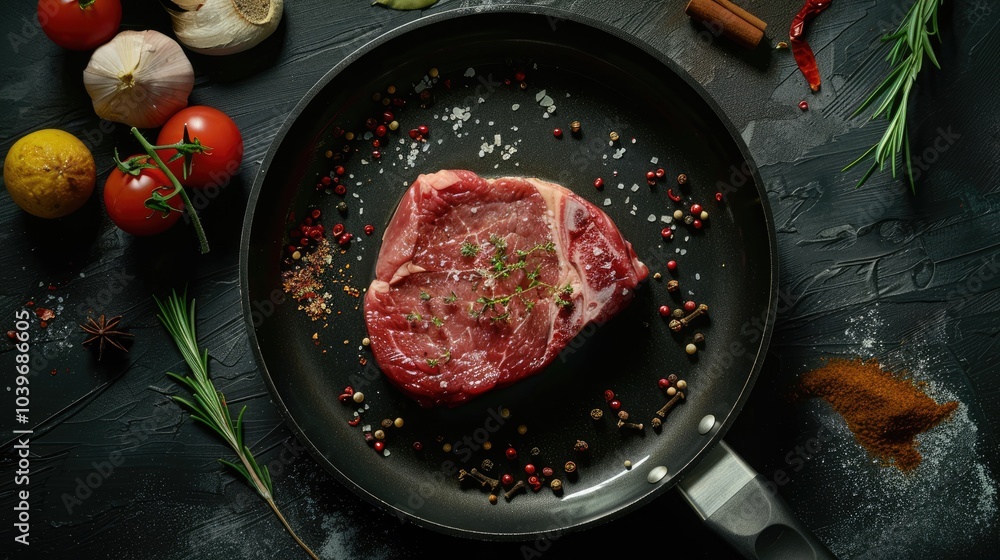 Poster raw ribeye steak entrecote in pan and spices top view
