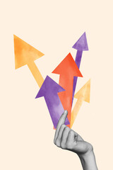 Vertical poster collage hand body fragment arrow indicator upwards achieve goal aim target increase...