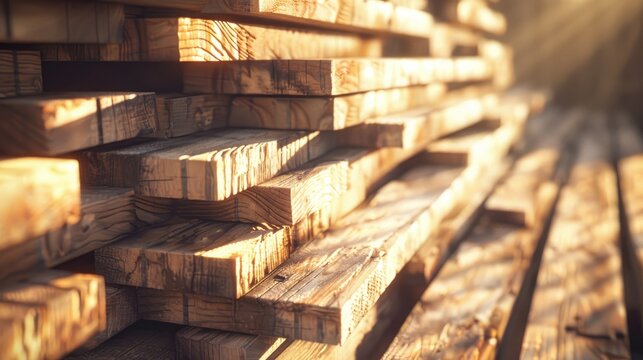 A large stack of wooden planks neatly arranged in a lumber yard bathed in sunlight showcases the natural textures and grain of the wood Its a beautiful display of freshly cut timber
