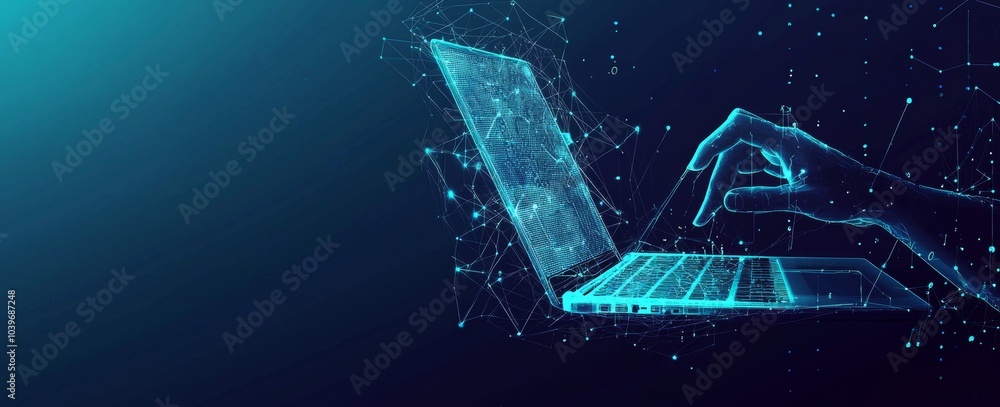 Aufkleber on a grey blue background, a hand uses a digital tablet computer for distance learning.