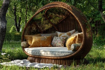 wicker couch in a garden