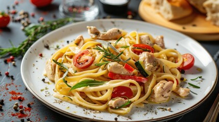 Pasta with chicken and vegetables Traditional italian food Long banner format