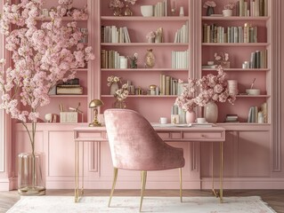 Elegant library with shades of blush pink