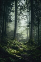 Obraz premium Mystical Dense Forest with Towering Ancient Trees Covered in Lush Green Moss