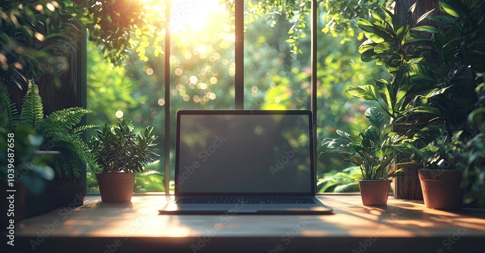 Poster an industrial office loft interior featuring a laptop computer with a blank frameless screen mockup 
