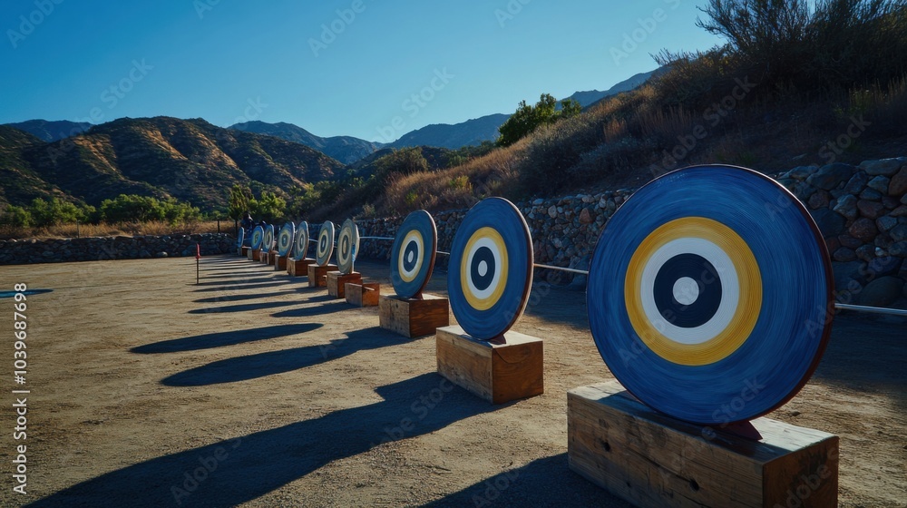 Poster a well-organized archery range under a clear sky, bows and targets aligned for precision shooting, s