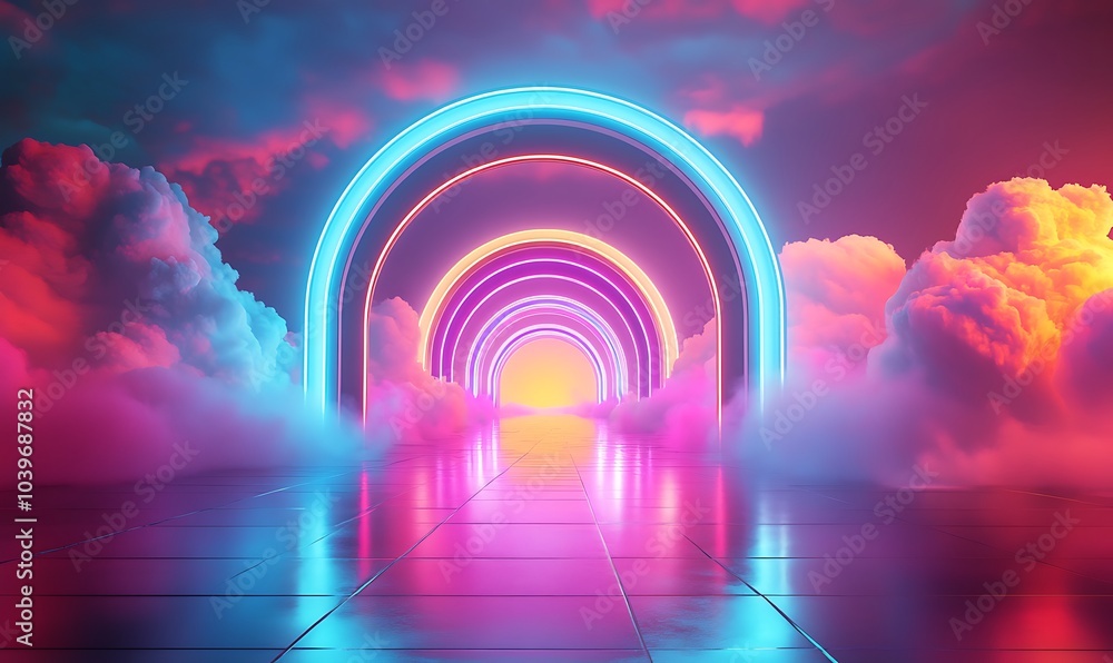 Poster abstract 3d render neon colored arches in cloudy fantasy landscape with reflective floor for futuris