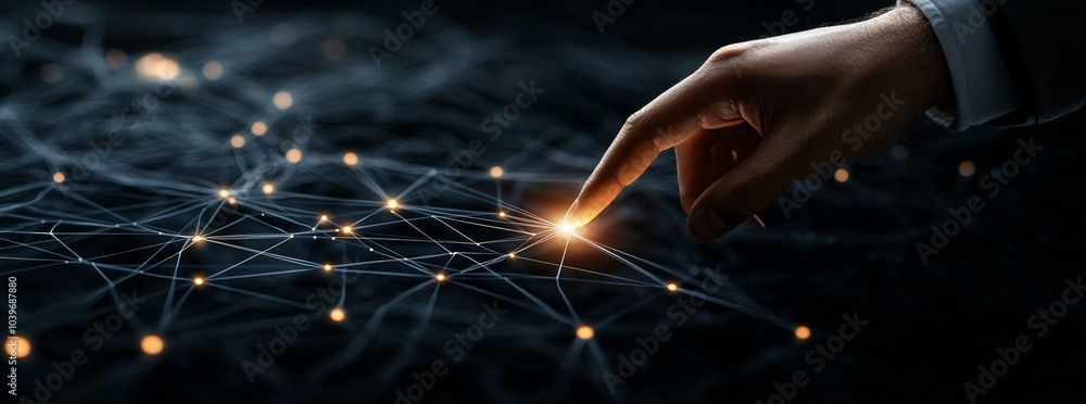 Poster a woman's hand is touching a concept of digital transformation for the age of next generation techno