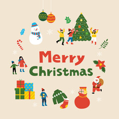 Collection of Merry Christmas; Santa Claus, children, snowman, gifts, and Christmas ornaments