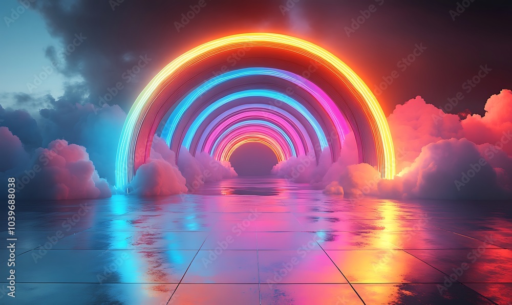 Poster abstract 3d render neon colored arches in cloudy fantasy landscape with reflective floor for futuris