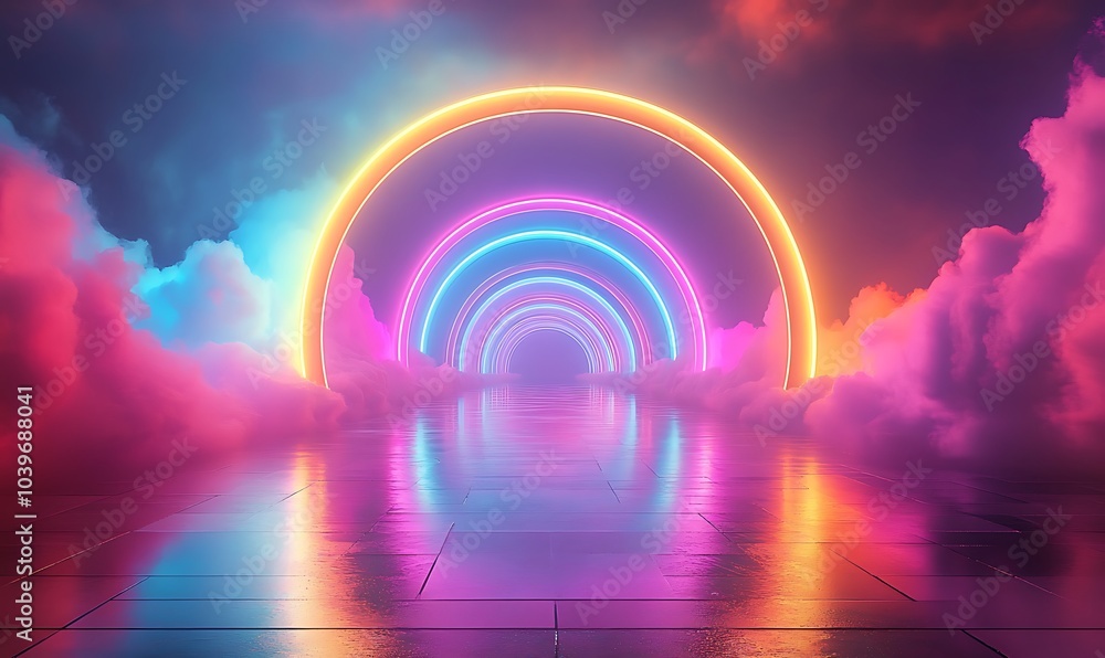 Poster abstract 3d render neon colored arches in cloudy fantasy landscape with reflective floor for futuris